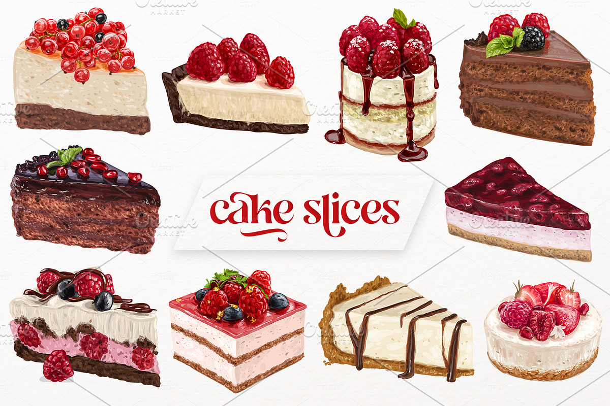 Cake slices VECTOR. 20 illustrations, a Food Illustration by Natalka Dmitrova art (Photo 1 of 15)