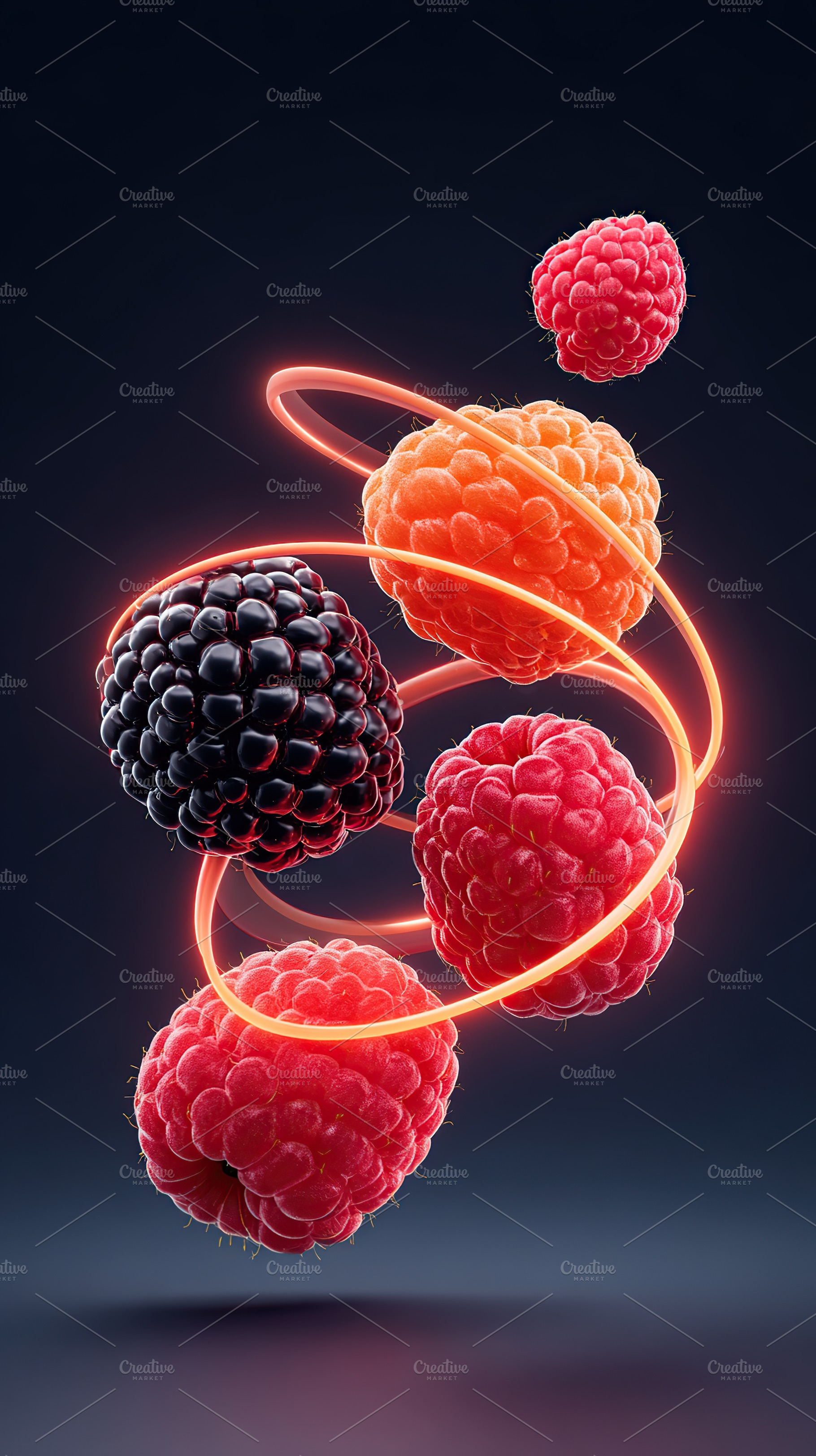 Mixed berries floating in vibrant motion with glowing rings on a dark backgroun, a Food & Drink Photo by AlyaAnd