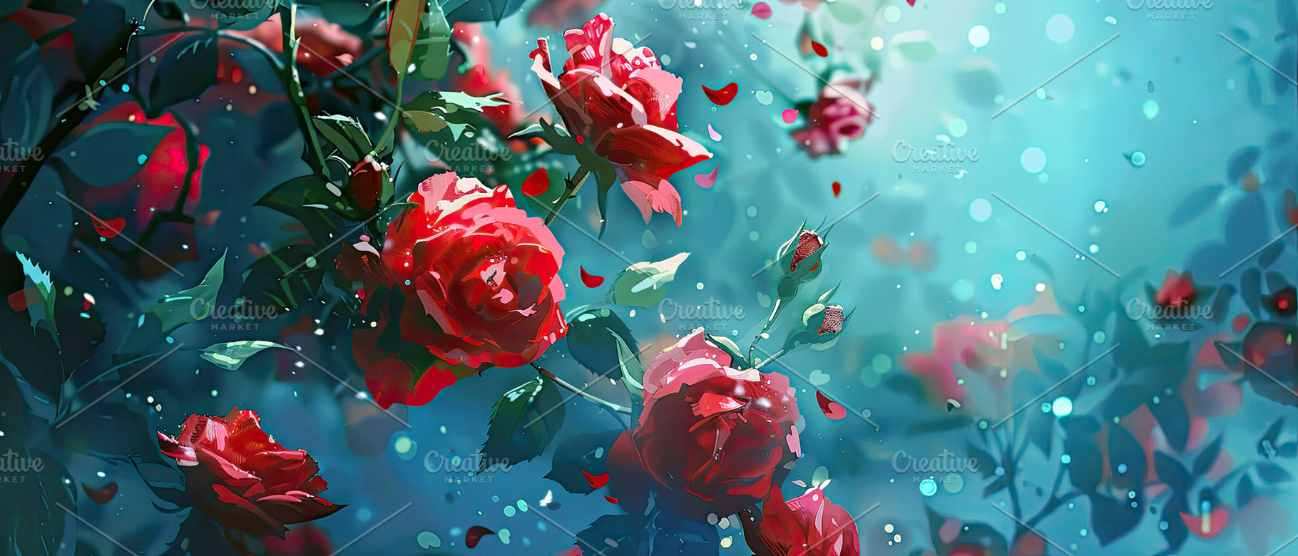 wallpaper, red roses, with fresh pet, a Photo by LOGOCREATIVE