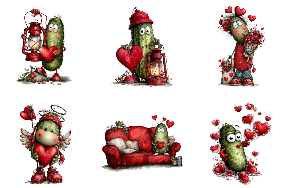 Whimsical Pickle Valentines Clipart, an Illustration by CreationArt (Photo 2 of 5)