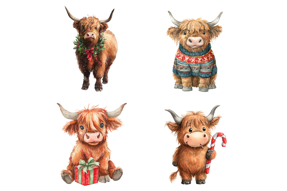 Cute Christmas Highland Cow, an Illustration by Design Market (Photo 3 of 3)