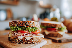 Delicious sandwiches with Swiss cheese, ham, and fresh vegetables on a wooden c, a Photo by AlyaAnd