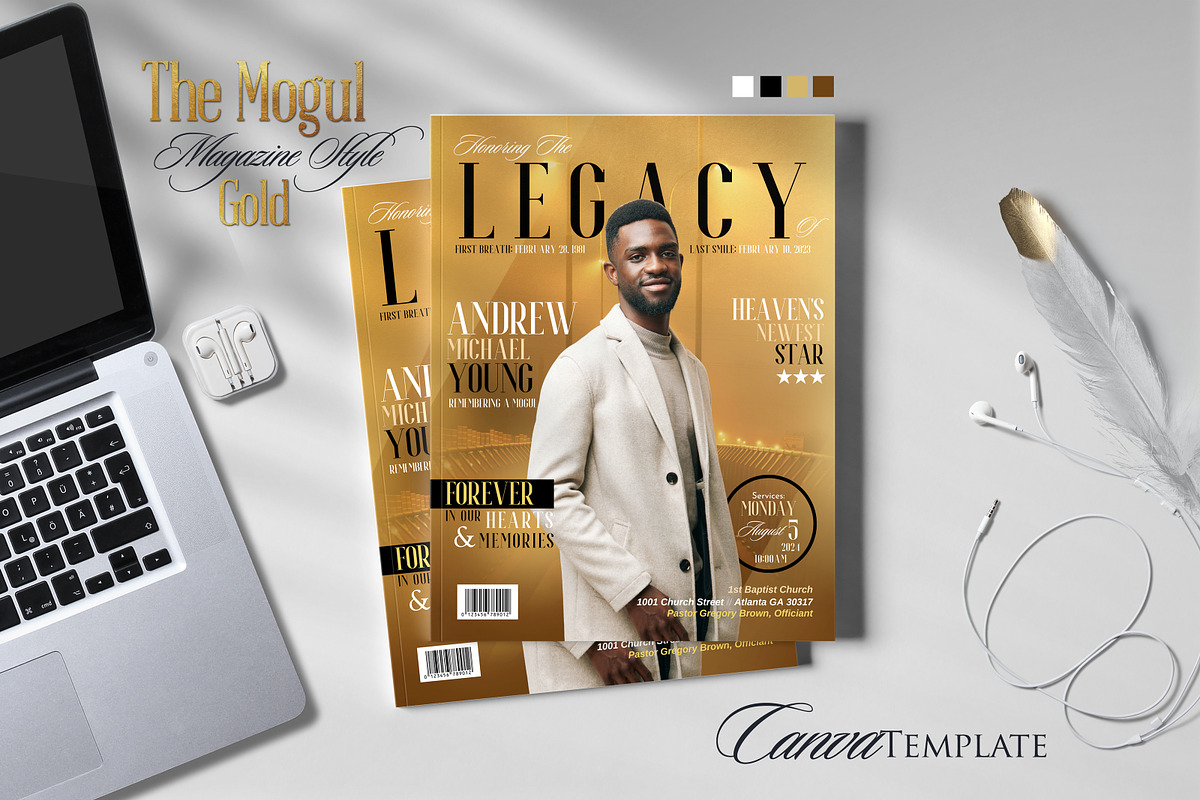 Gold Magazine Canva Funeral Program, a Brochure Template by Nate Bartlett Design (Photo 1 of 8)