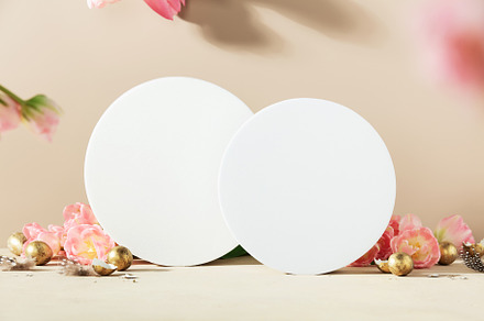 Empty round podium, easter gold eggs with spring tulip flowers o, a Holiday Photo by Natalia Klenova's Shop