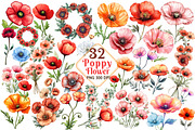 Poppy Flower Watercolor Cliparts, an Illustration by Watercolor design (Thumbnail 1 of 4)