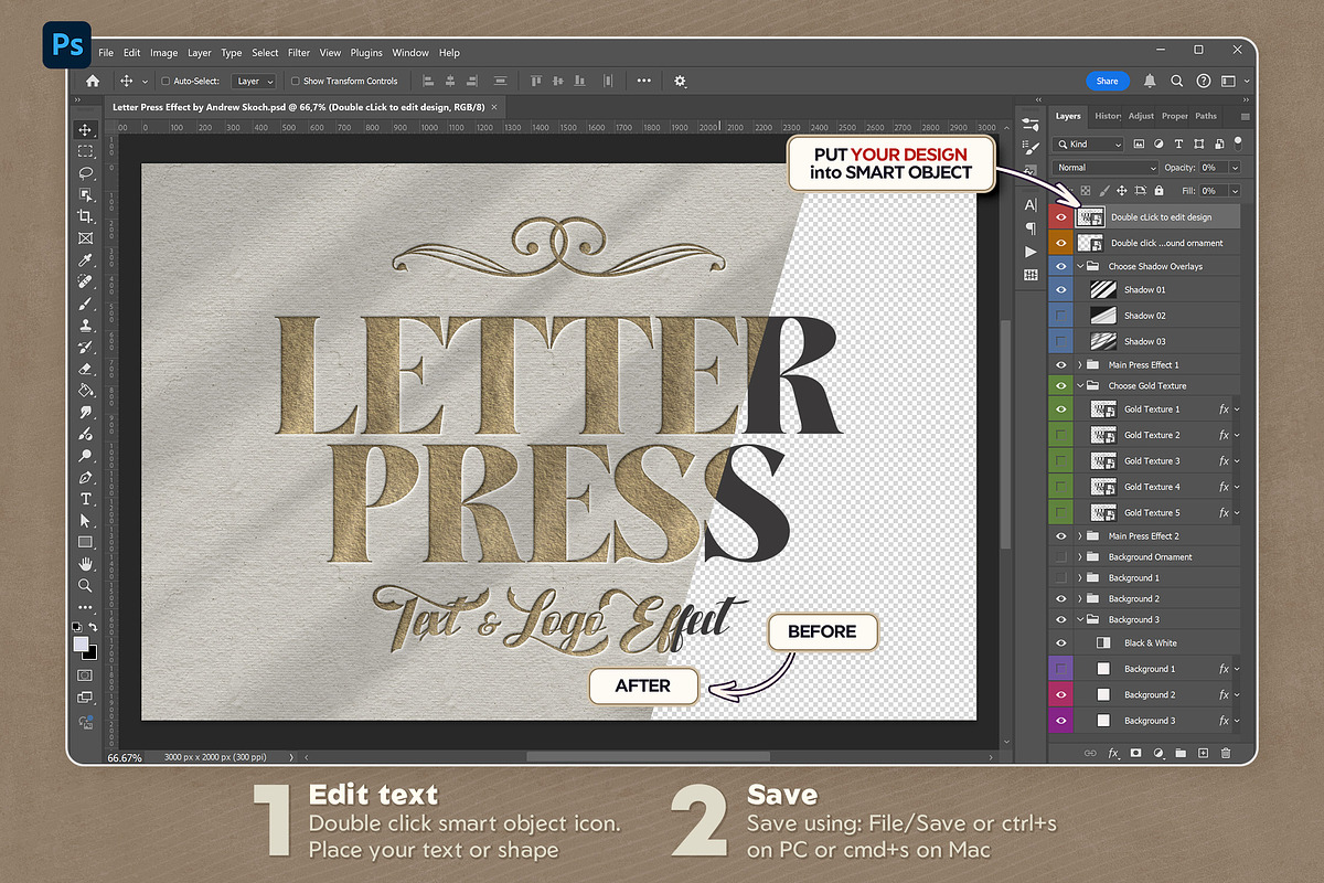 Gold Letterpress Text & Logo Effect, a Layer Style Add-On by Andrew Skoch Design (Photo 5 of 6)