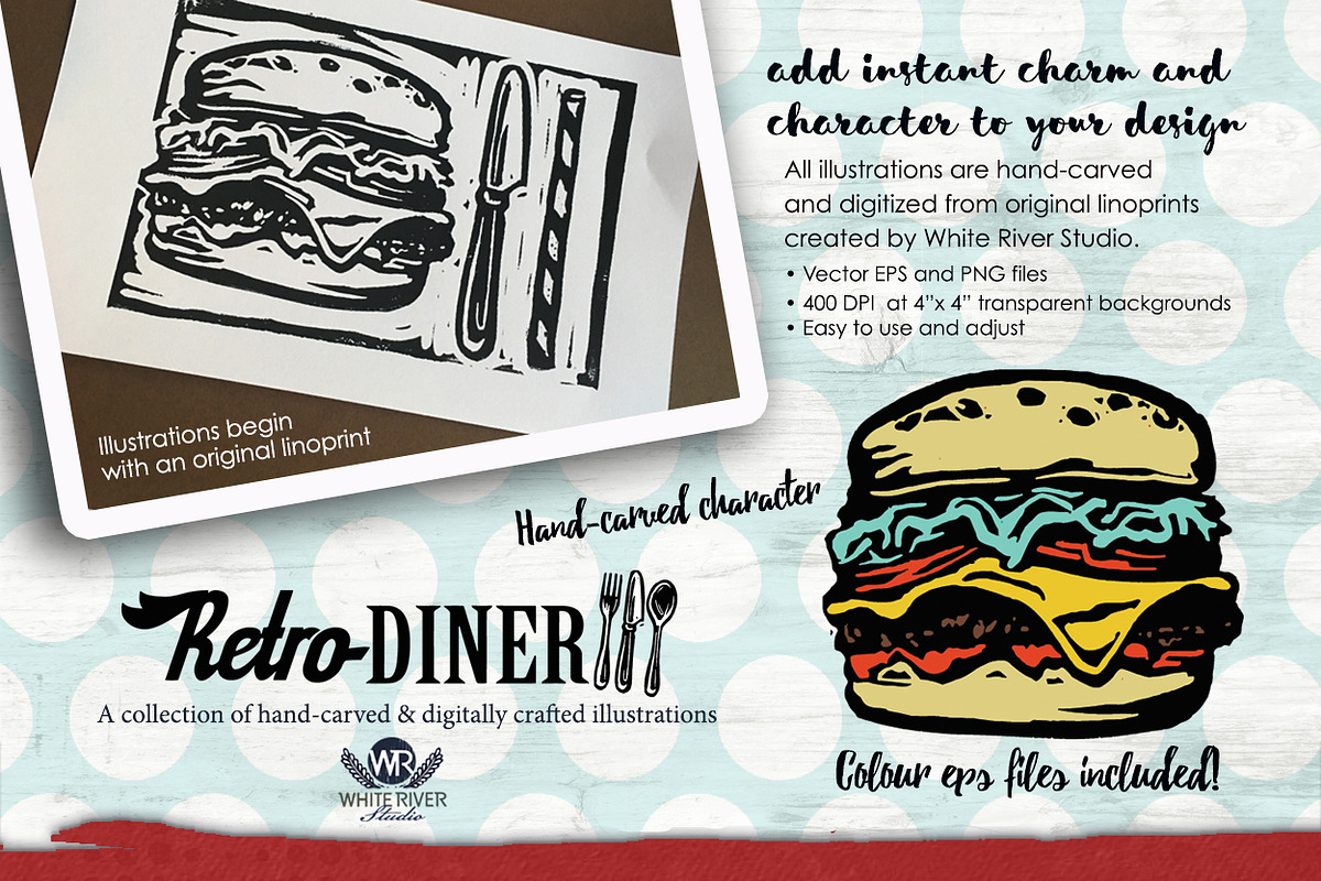 Retro Diner Linocuts, an Illustration by WhiteRiverStudio (Photo 5 of 11)