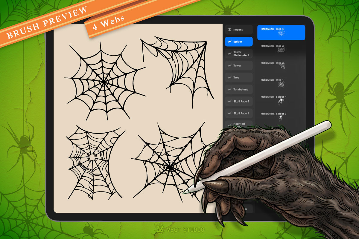 8 Web & Spider Stamp Brushes, a Brush Add-On by vectstudio (Photo 3 of 10)