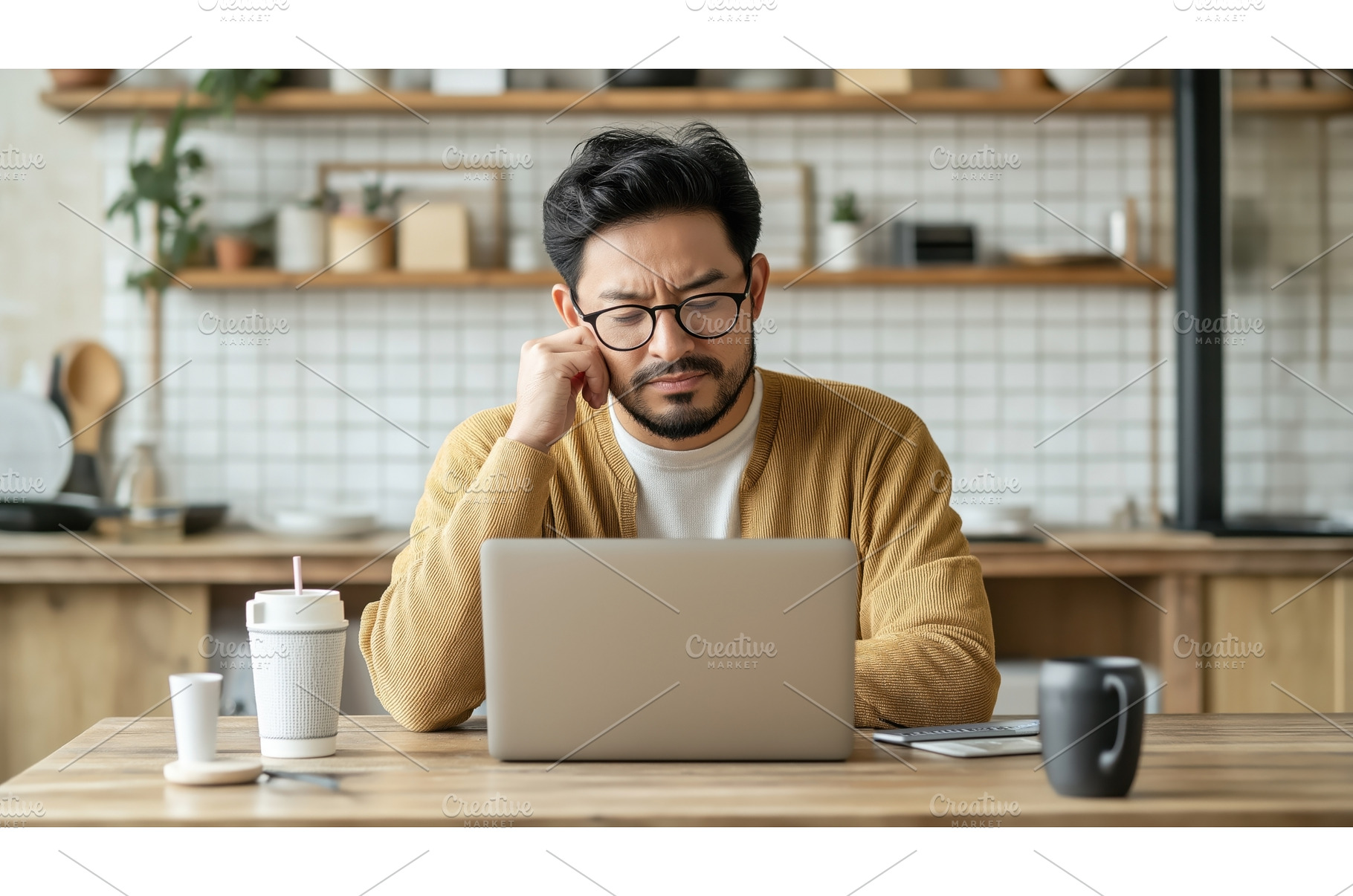 Asian man working from home, focused, a Person Photo by Sergey Kotenev