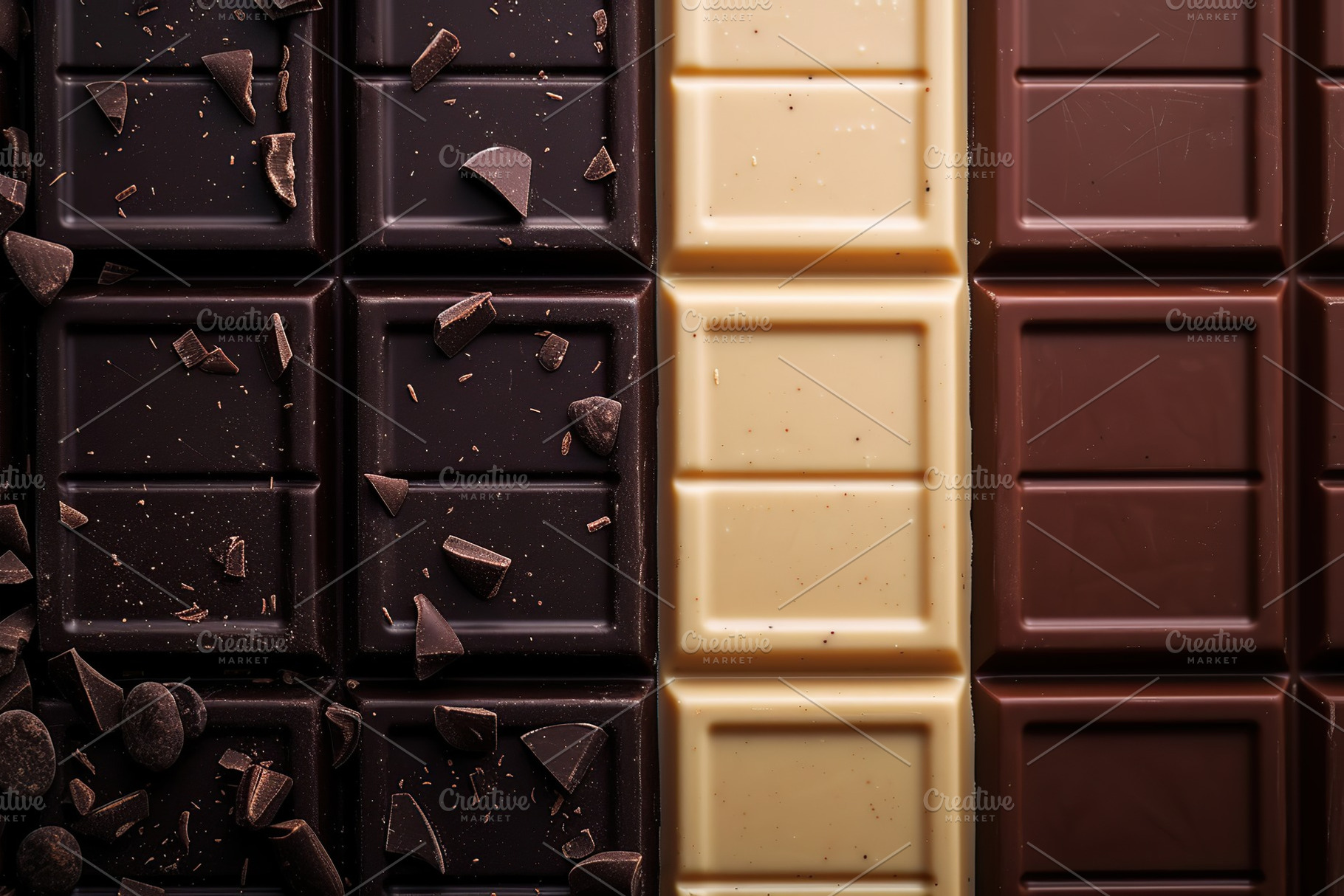 Background of milk, white and black chocolate bars, a Food & Drink Photo by AlyaAnd