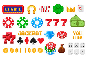 Pixel art gambling icons. Pixelated, an Object Illustration by winwin.art