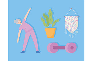old woman making stretching, a Person Illustration by studiogstock