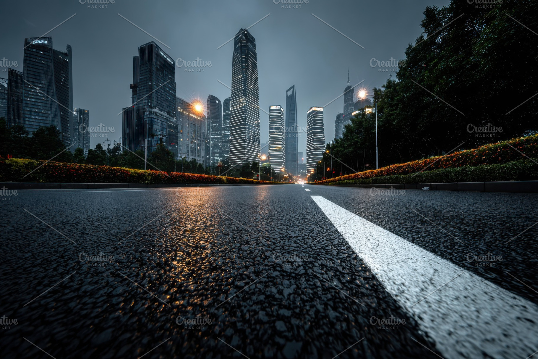 Wet city road leading to skyscrapers, a Photo by Pixeness Studio