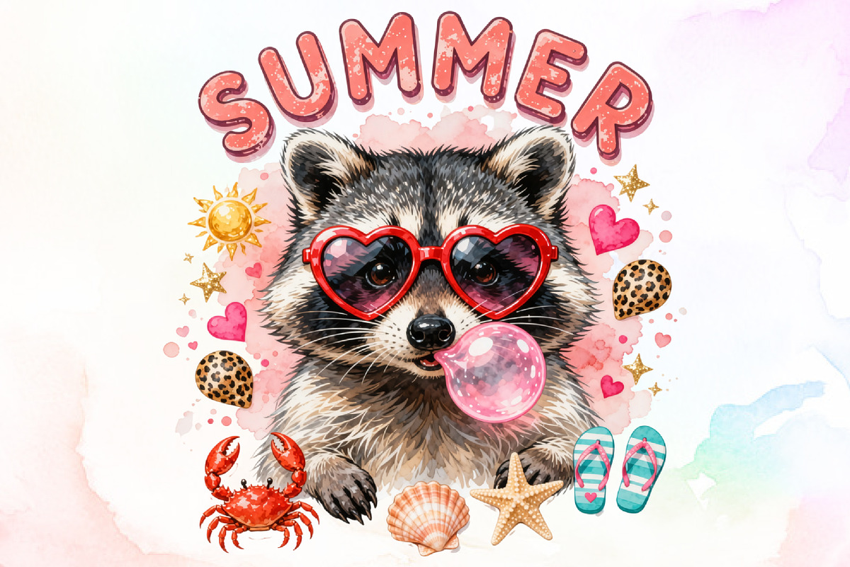 Funny Raccoon Summer Beach PNG, a Work Illustration by Sublimation Artist (Photo 1 of 9)