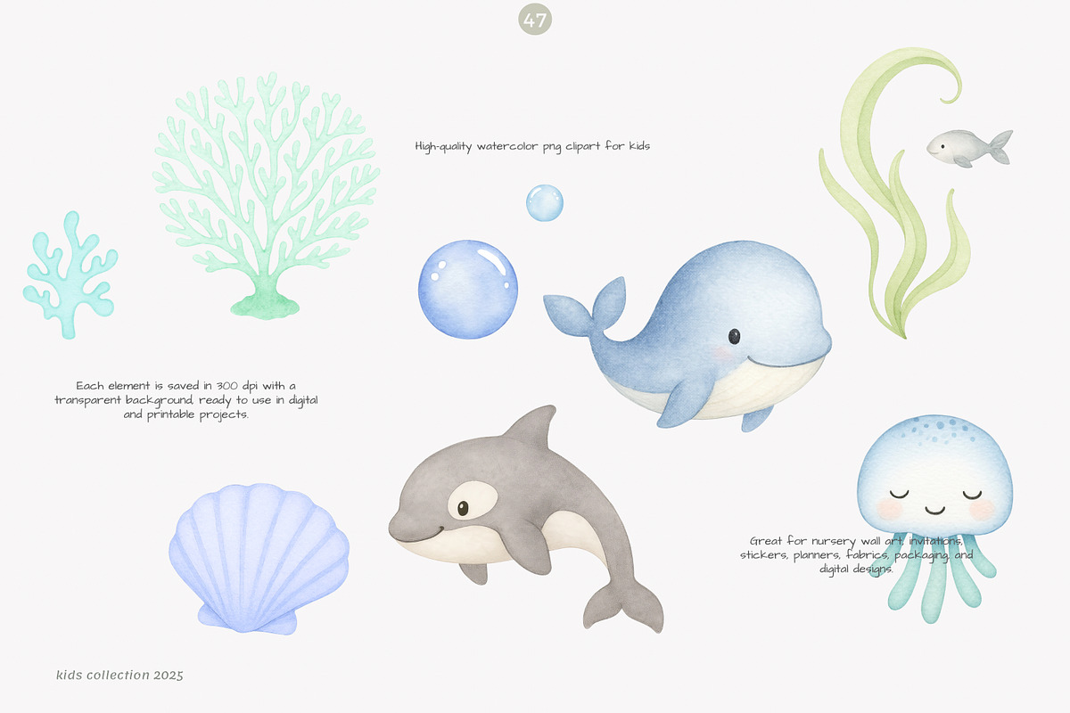watercolor under the sea clipart, a Decorative Illustration by Pink Studio Art (Photo 5 of 9)