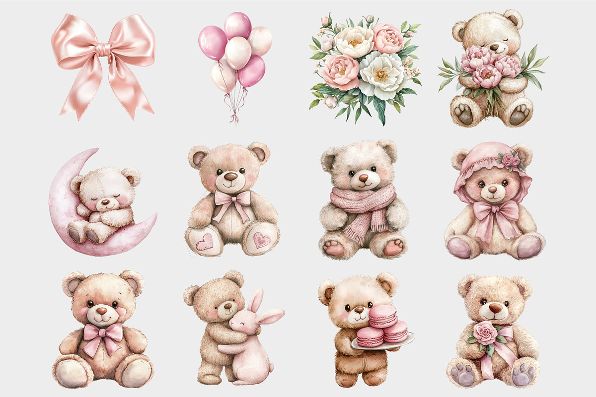 Watercolor Blush Teddy Bear Clipart, a Seasonal Illustration by Design Market (Photo 4 of 5)