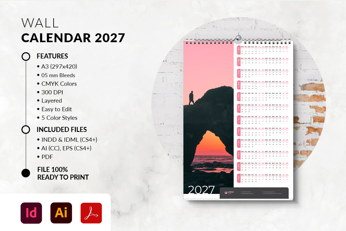 Minimal Wall Calendar 2027 Template, a Stationery Template by MstArtwork (Photo 1 of 5)