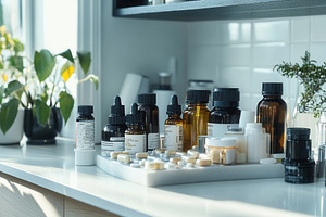 Pills and bottles on countertop, a Photo by Pavel_design