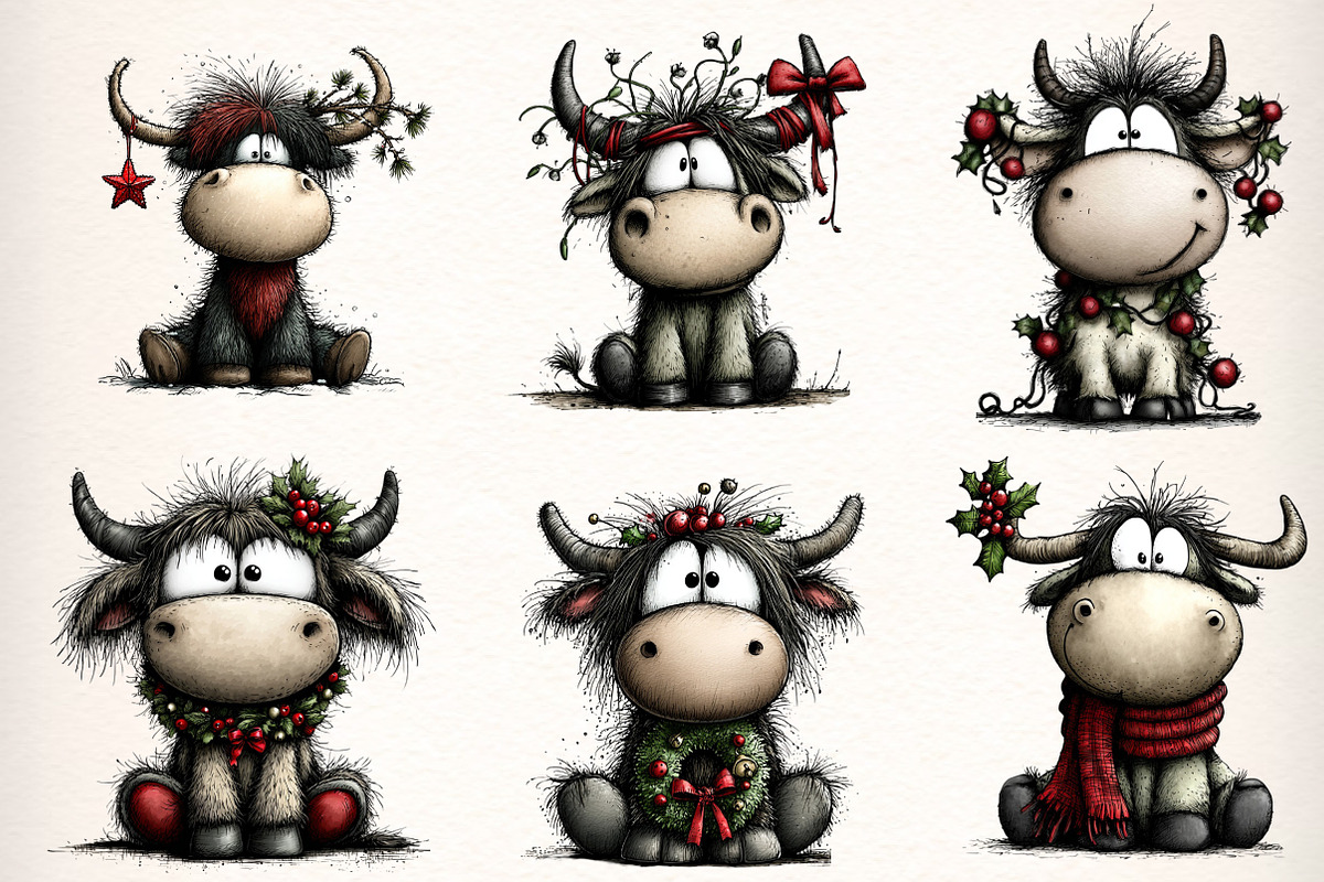 Christmas Highland Cow Clipart, an Illustration by Dream Creation (Photo 2 of 7)