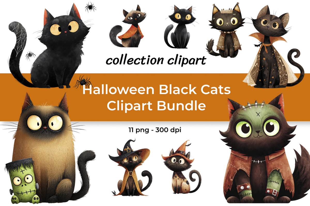 Halloween Black Cats Clipart Bundle, an Animal Illustration by InkyQueenArt (Photo 1 of 5)