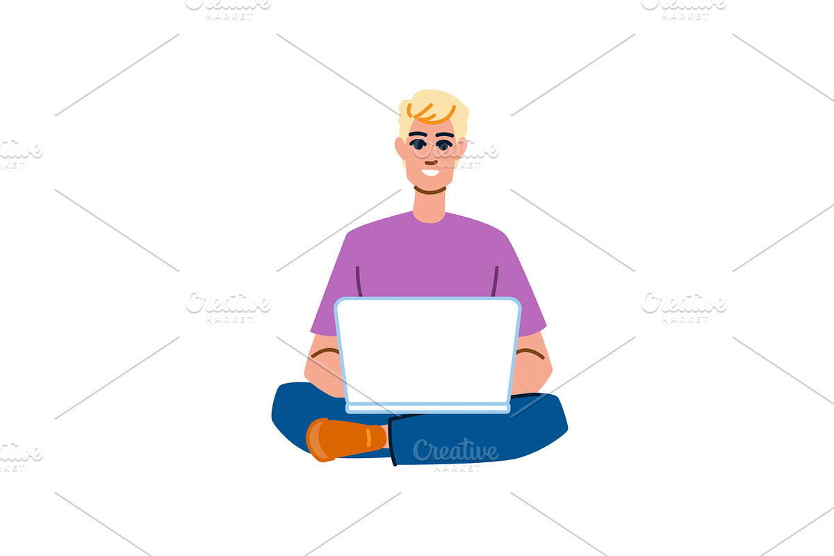 Smiling blond man working on laptop, a Technology Illustration by pikepicture