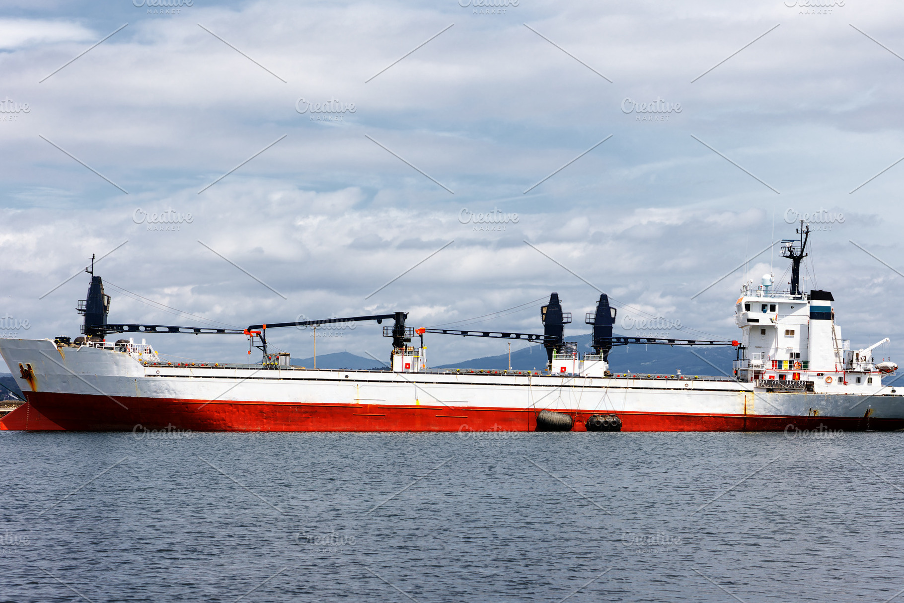White and Red Cargo Ship with Horizo, an Industrial Photo by Perpis