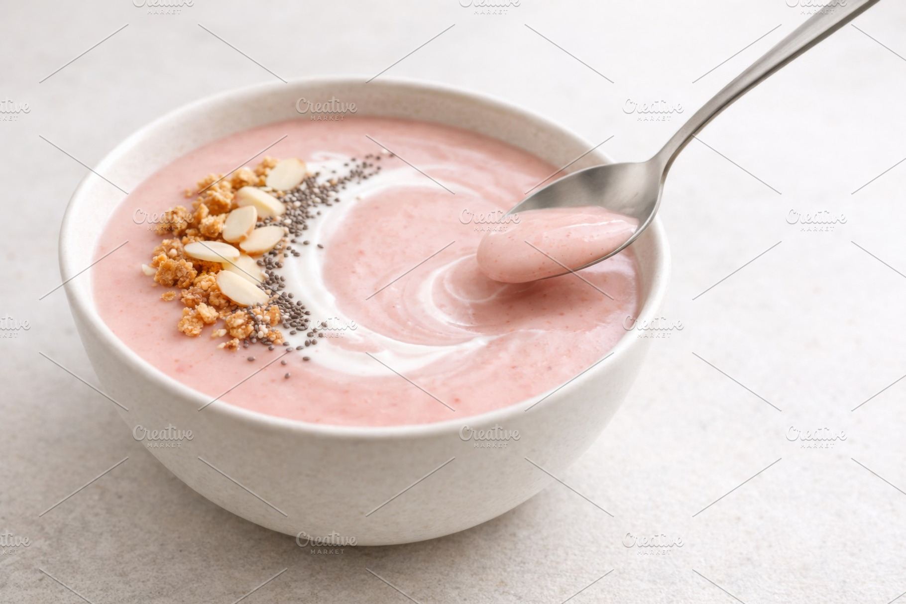 Rhubarb smoothie bowl with toppings, a Photo by Dvoevnore photos