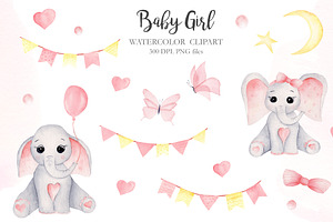 Watercolor Baby Girl Elephants Set