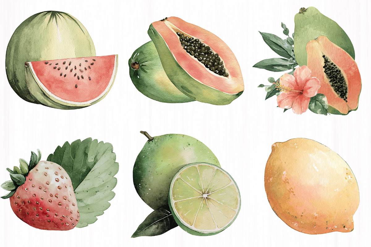 Watercolor Fruit Set Exotic, a Food Illustration by DreamCafeArt (Photo 3 of 5)