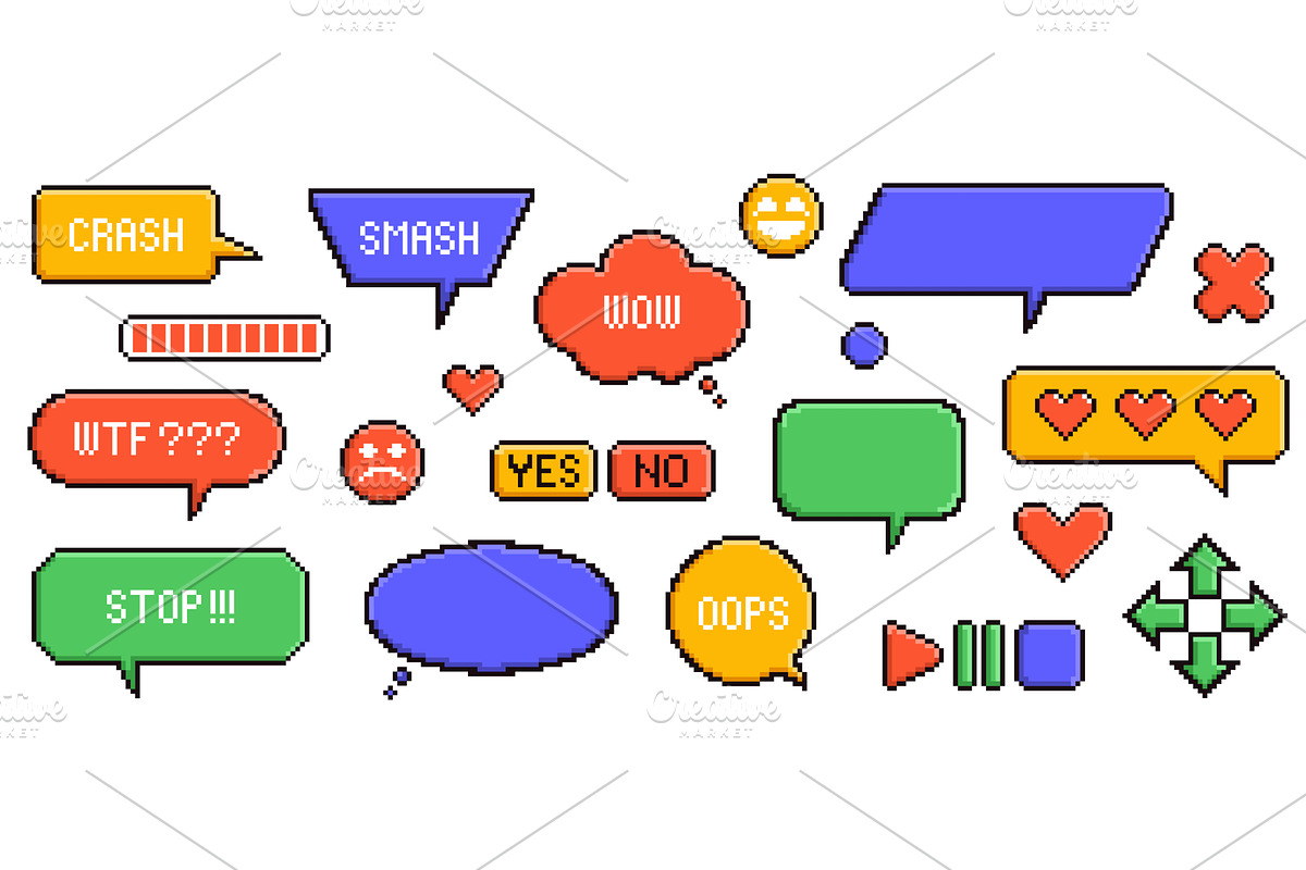 Pixel game speech bubbles. Retro, an Object Illustration by YummyBuum