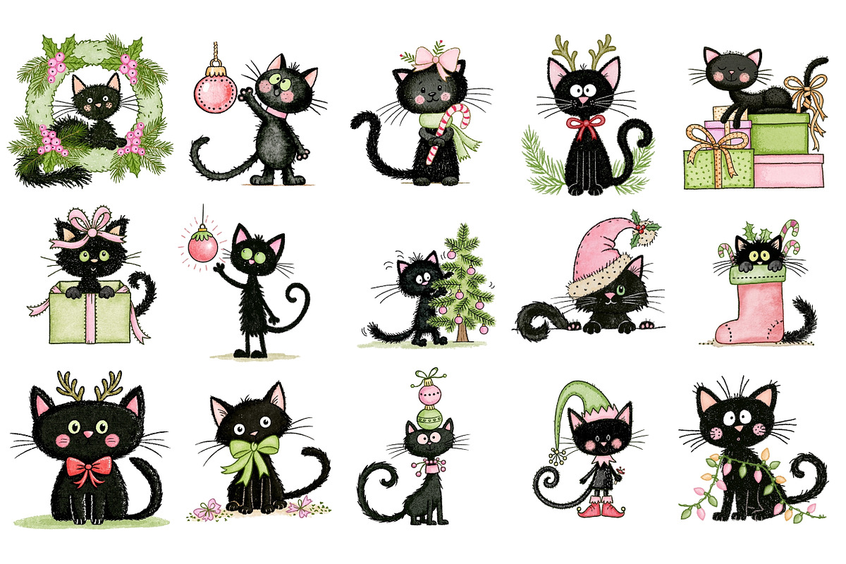 Christmas Cats PNG Clipart Bundle, a Seasonal Illustration by Nicolle's Colorful Art (Photo 2 of 6)