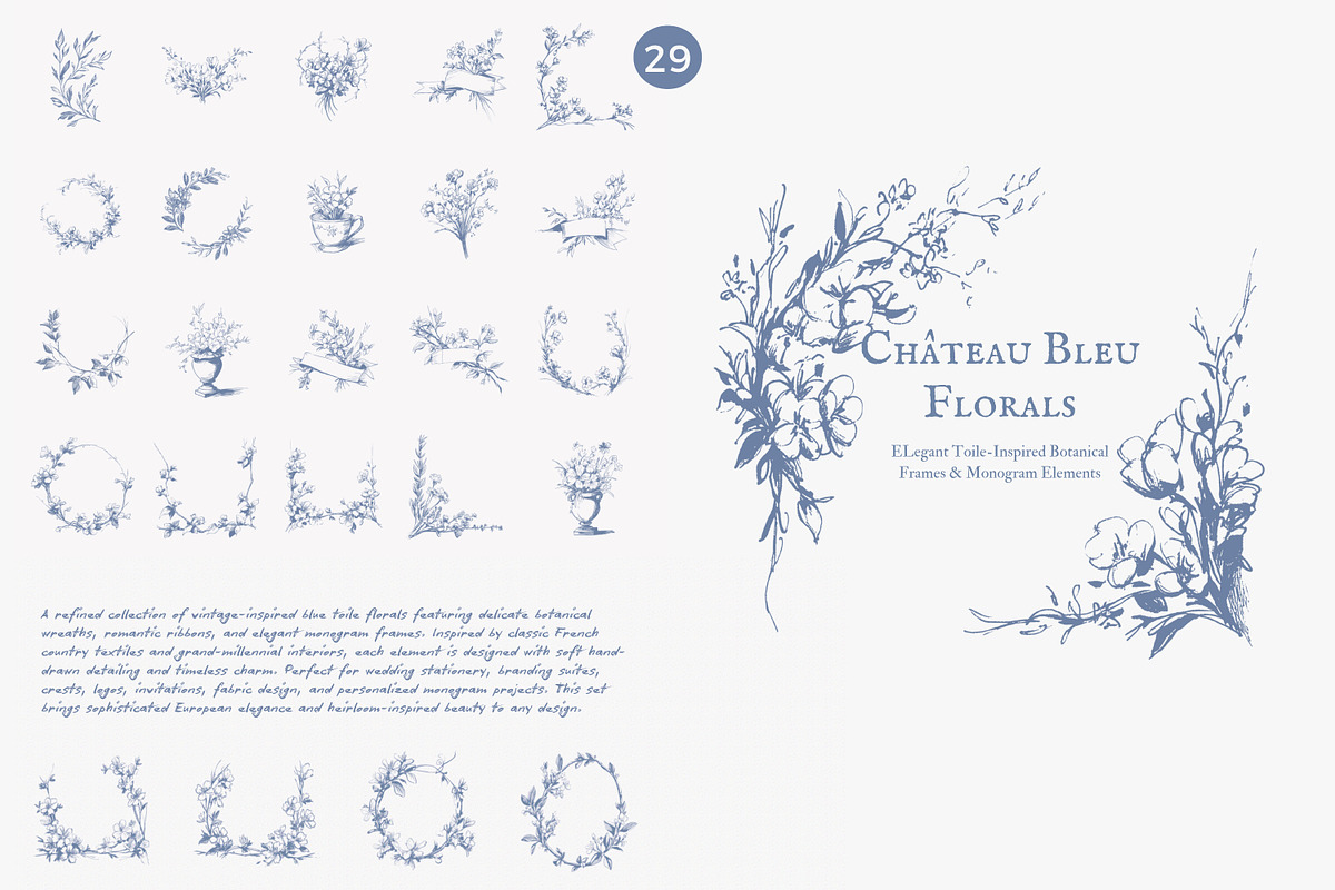 Blue toile floral monogram frames, a Decorative Illustration by Patishop Art (Photo 7 of 9)