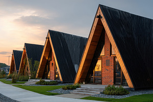 Sunset cabins in a community, a Photo by Beautiful things