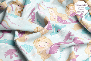 Cute Mermaids Seamless Patterns Set