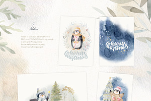 Winter Penguins - Watercolor Clipart