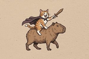 Friendship between cat and capybara, an Animal Illustration by Vectorlina