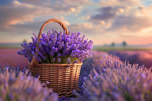 Basket with lavender flowers on lavender field background, a Photo by AlyaAnd