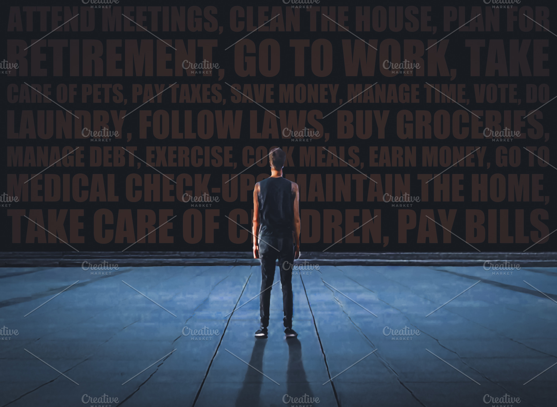 Man standing before a wall of words representing modern obligati, a Health & Medical Photo by DanFLCreativo