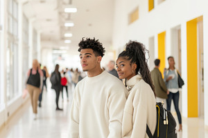 Students walking in college hallway,, a Photo by Dvoevnore photos
