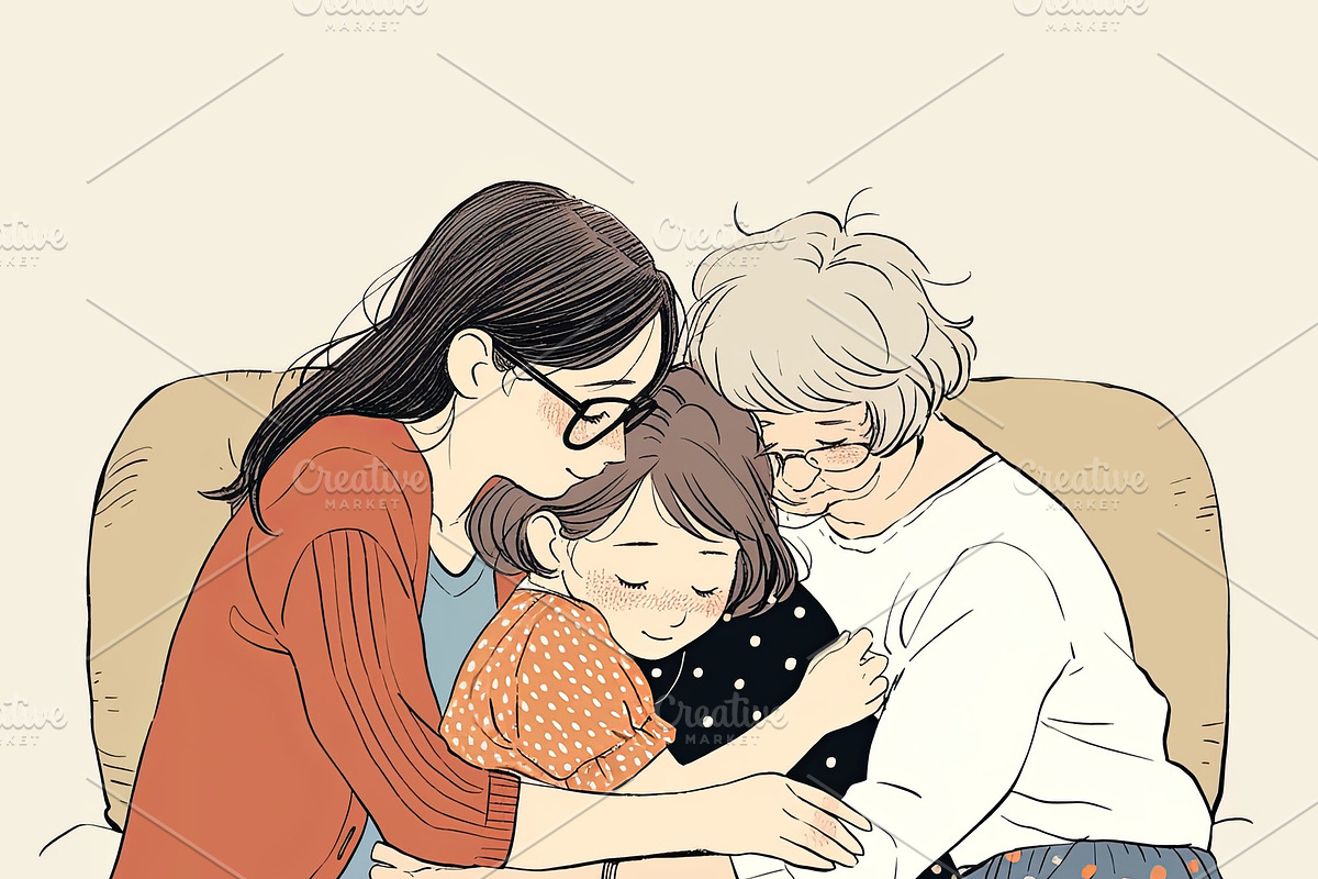 Three generations of women embracing in a loving family moment, an Illustration by AS photostudio