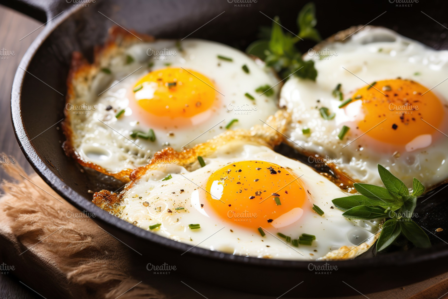 Fried eggs with herbs in pan on wooden background, a Food & Drink Photo by AlyaAnd