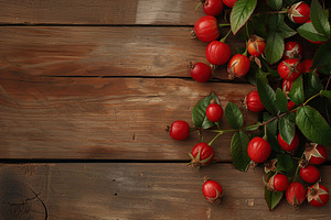 Red rose hip berries with copyspace on wooden background, a Food & Drink Photo by AlyaAnd