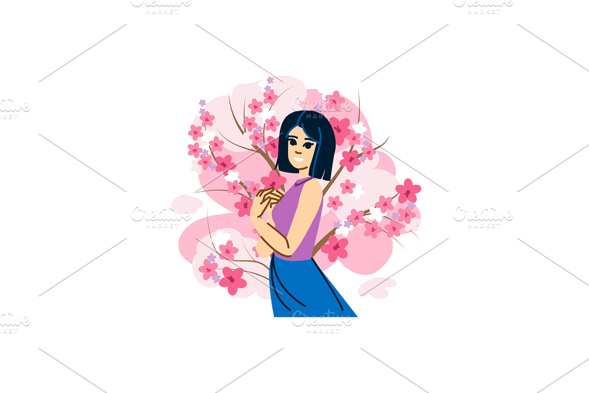 Young woman enjoying blooming sakura, an Object Illustration by pikepicture
