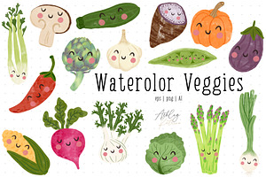 Watercolor Veggies With & W/o Faces