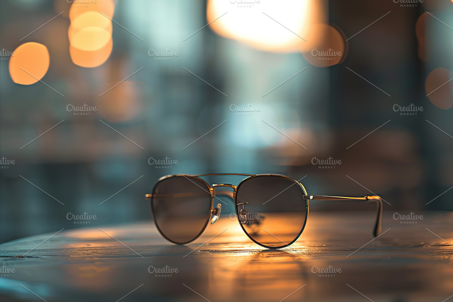 Modern sunglasses on table on blurred background, a Photo by AlyaAnd