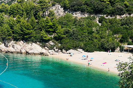Stunning Mediterranean beach with turquoise water and lush greenery. Beach Veli, a Photo by AS photostudio