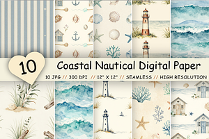 Coastal Nautical Digital Paper Pack, a Pattern Graphic by FloridPrintables