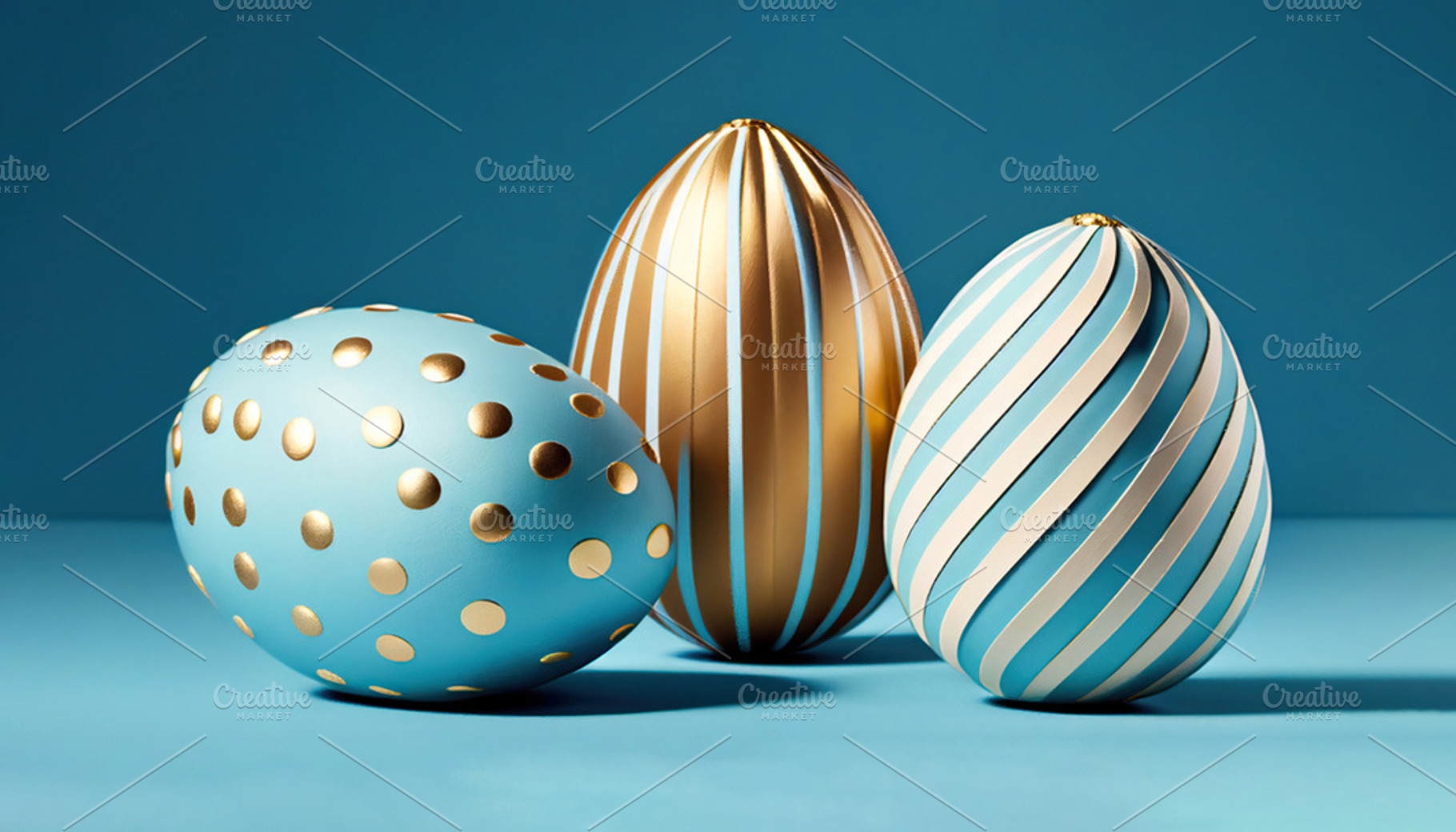 Easter eggs decorated with gold and blue colors. Generative AI, a Holiday Photo by OSORIOartist
