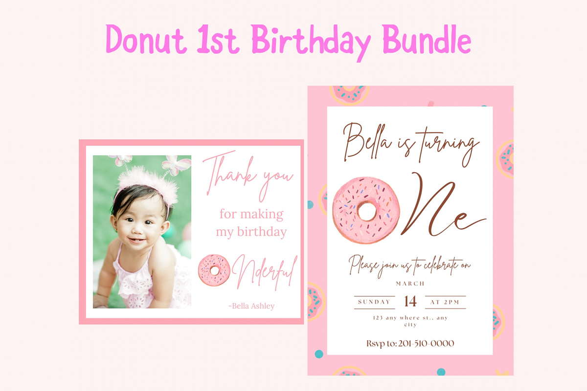 Pink 1st Birthday Party Donut Bundle, an Invitation Template by SweetDesigncraft