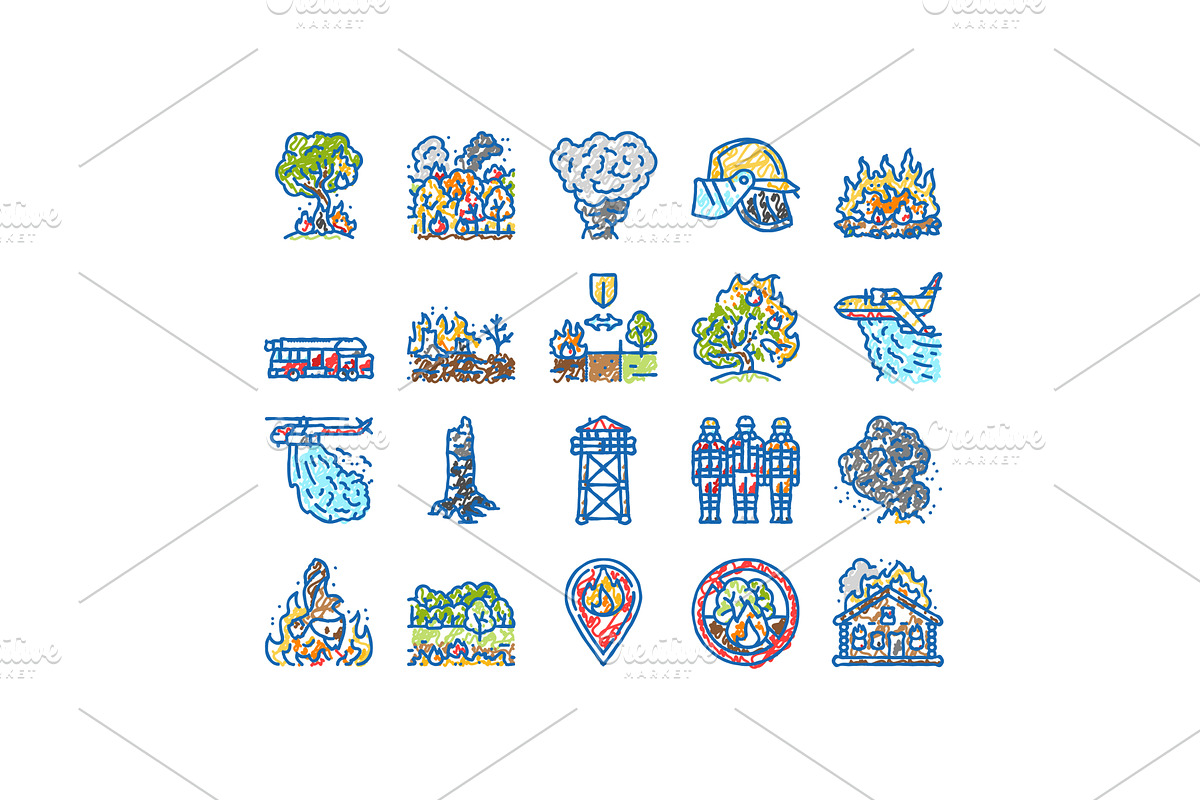 wildfire blaze firestorm burn icons, an Object Illustration by pikepicture